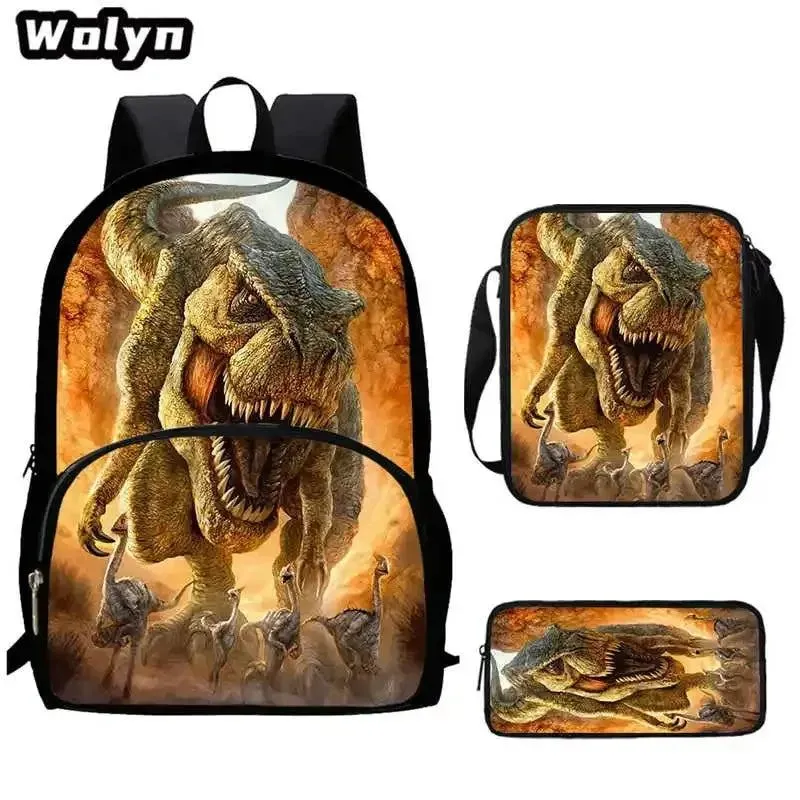 3Pcs Set Dinosaur School Backpack with Pencil Case Shoulder Bags for Grade 1-3 ,Cartoon Animal Print School Bags for Boys Girls