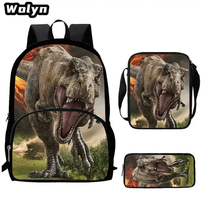 3Pcs Set Dinosaur School Backpack with Pencil Case Shoulder Bags for Grade 1-3 ,Cartoon Animal Print School Bags for Boys Girls