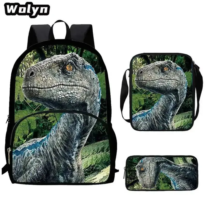 3Pcs Set Dinosaur School Backpack with Pencil Case Shoulder Bags for Grade 1-3 ,Cartoon Animal Print School Bags for Boys Girls