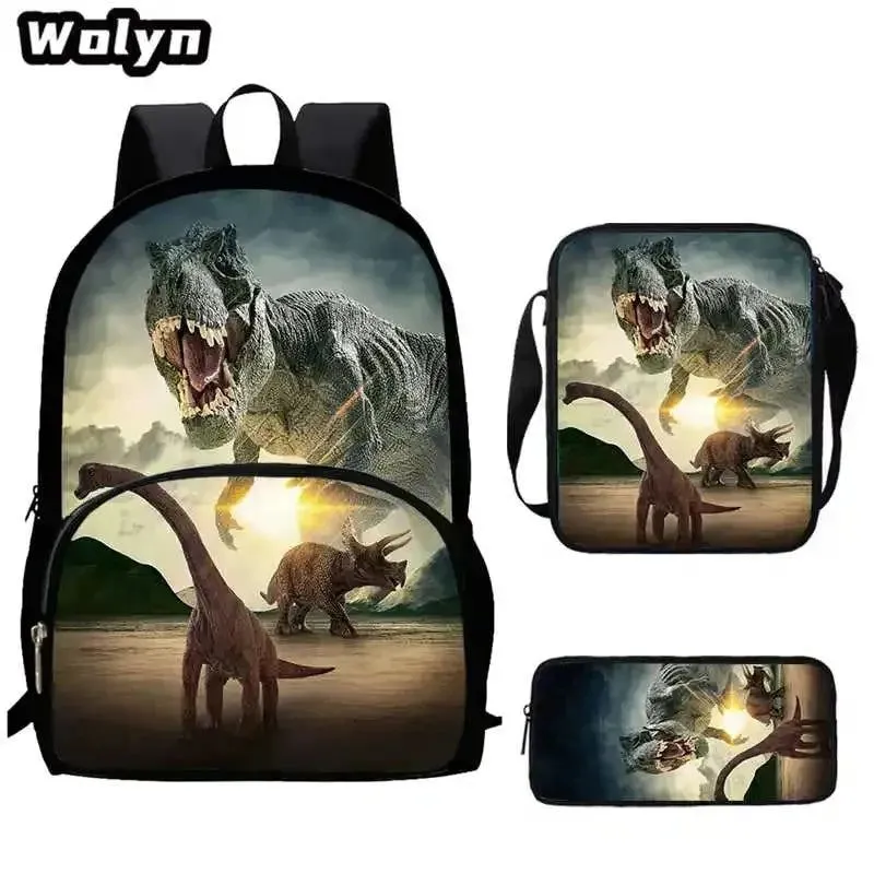 3Pcs Set Dinosaur School Backpack with Pencil Case Shoulder Bags for Grade 1-3 ,Cartoon Animal Print School Bags for Boys Girls