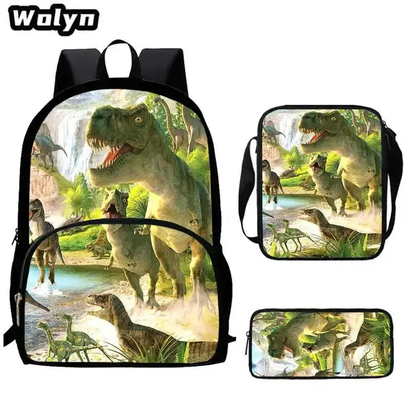 3Pcs Set Dinosaur School Backpack with Pencil Case Shoulder Bags for Grade 1-3 ,Cartoon Animal Print School Bags for Boys Girls