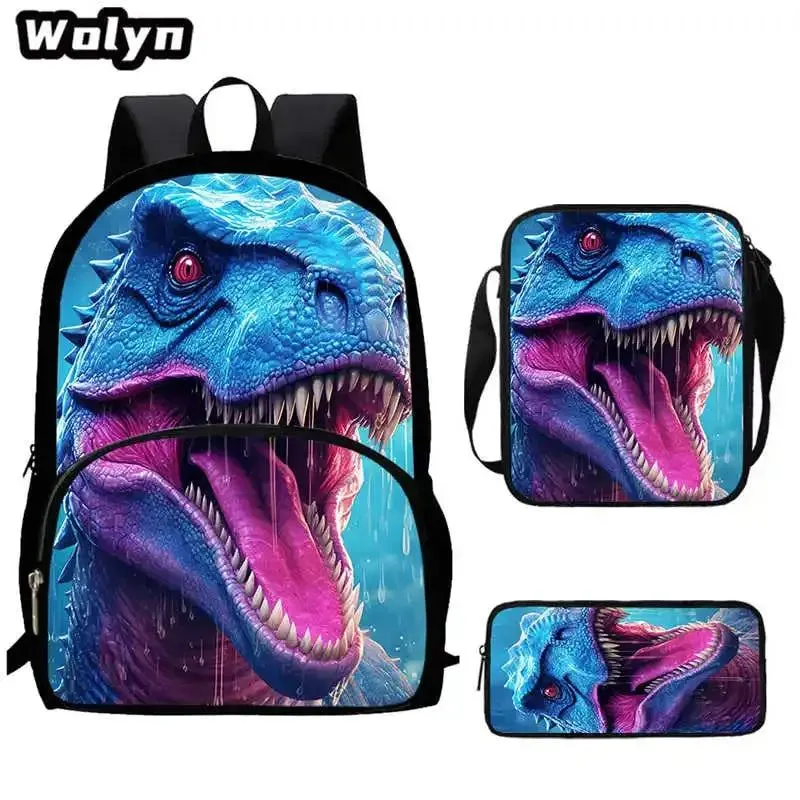 3Pcs Set Dinosaur School Backpack with Pencil Case Shoulder Bags for Grade 1-3 ,Cartoon Animal Print School Bags for Boys Girls