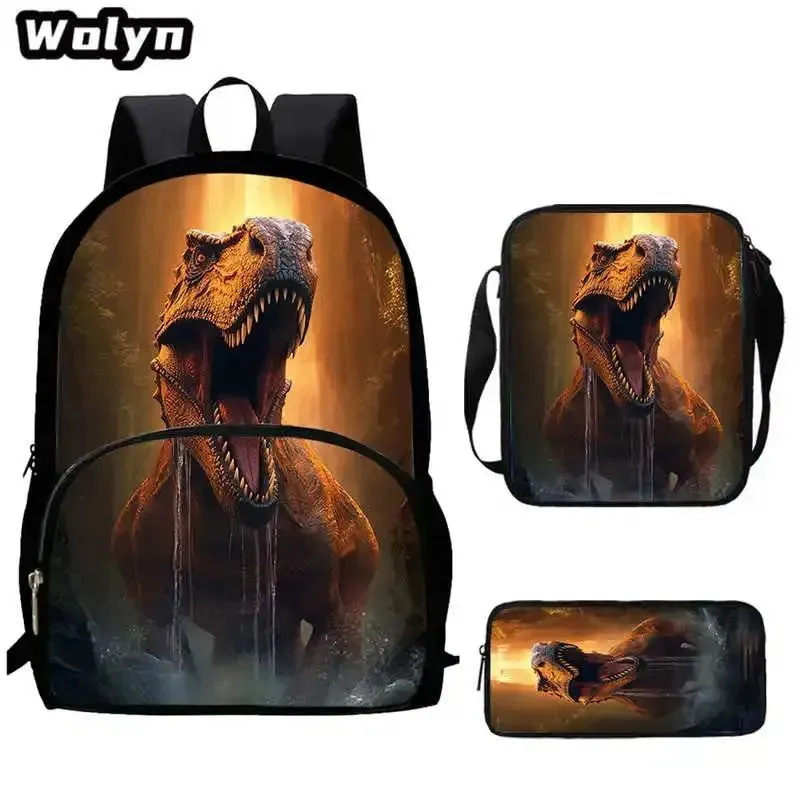 3Pcs Set Dinosaur School Backpack with Pencil Case Shoulder Bags for Grade 1-3 ,Cartoon Animal Print School Bags for Boys Girls