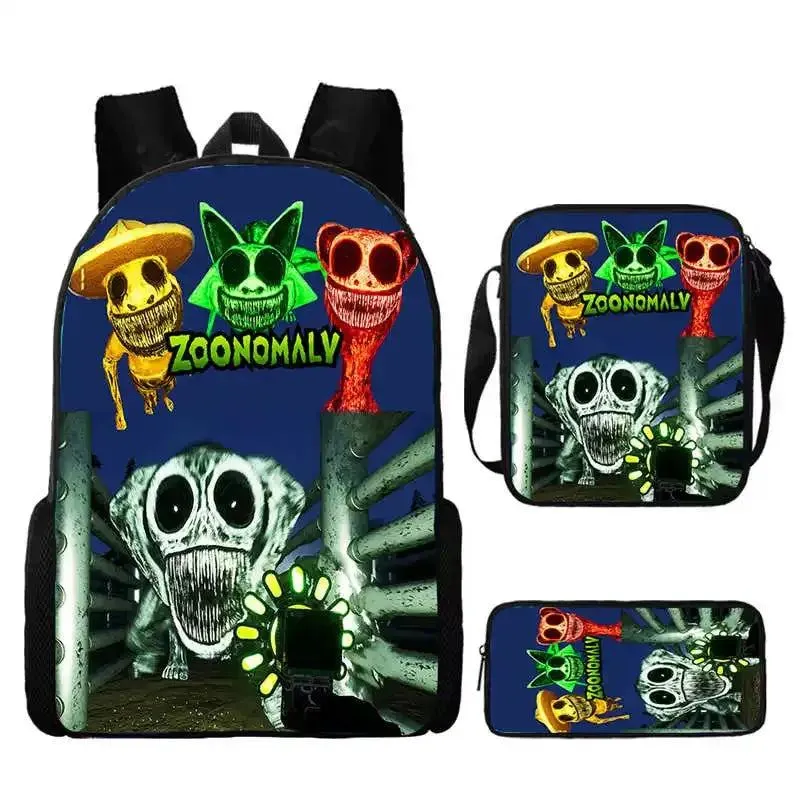 3Pcs Set Zoonomaly Prints School Backpack for Child With Shoulder Bags, Pencil Case ,Cartoon School Bags for Boys Girls