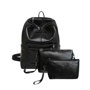 3pcs/set Casual Solid Color Women Backpack Ladies Large Capacity Shoulder Leather Backpack