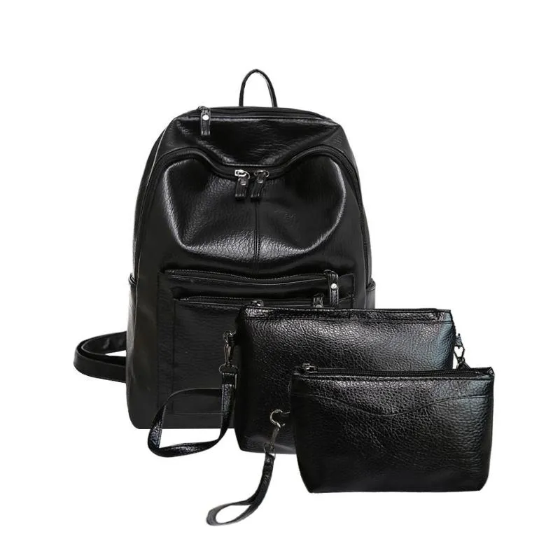 3pcs/set Casual Solid Color Women Backpack Ladies Large Capacity Shoulder Leather Backpack