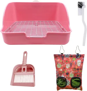 4-in-1 Rabbit Potty Toilet Feeding Cleaning Set with Hay Feeder Bag - Pink