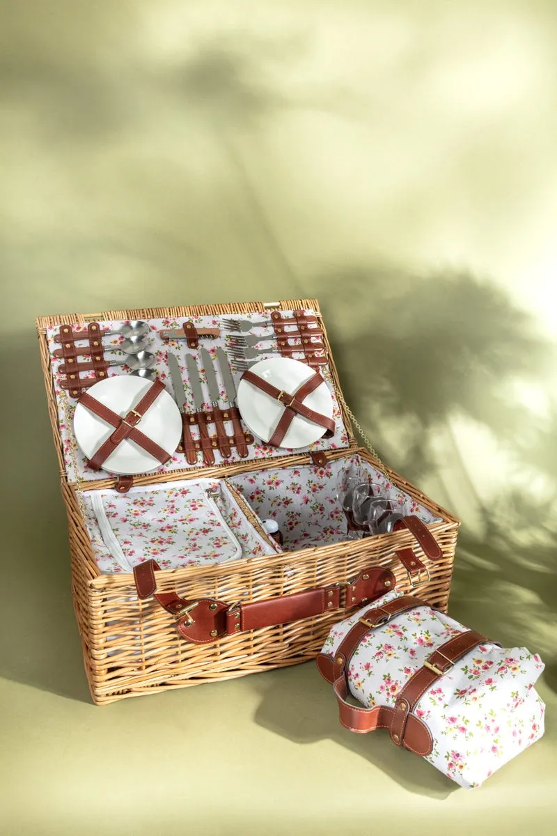 4 Person Natural Wicker Floral Picnic Basket