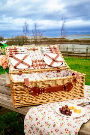 4 Person Natural Wicker Floral Picnic Basket