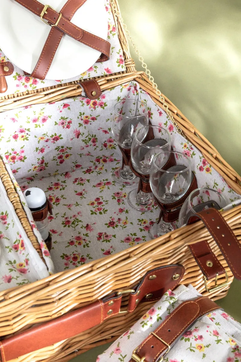 4 Person Natural Wicker Floral Picnic Basket
