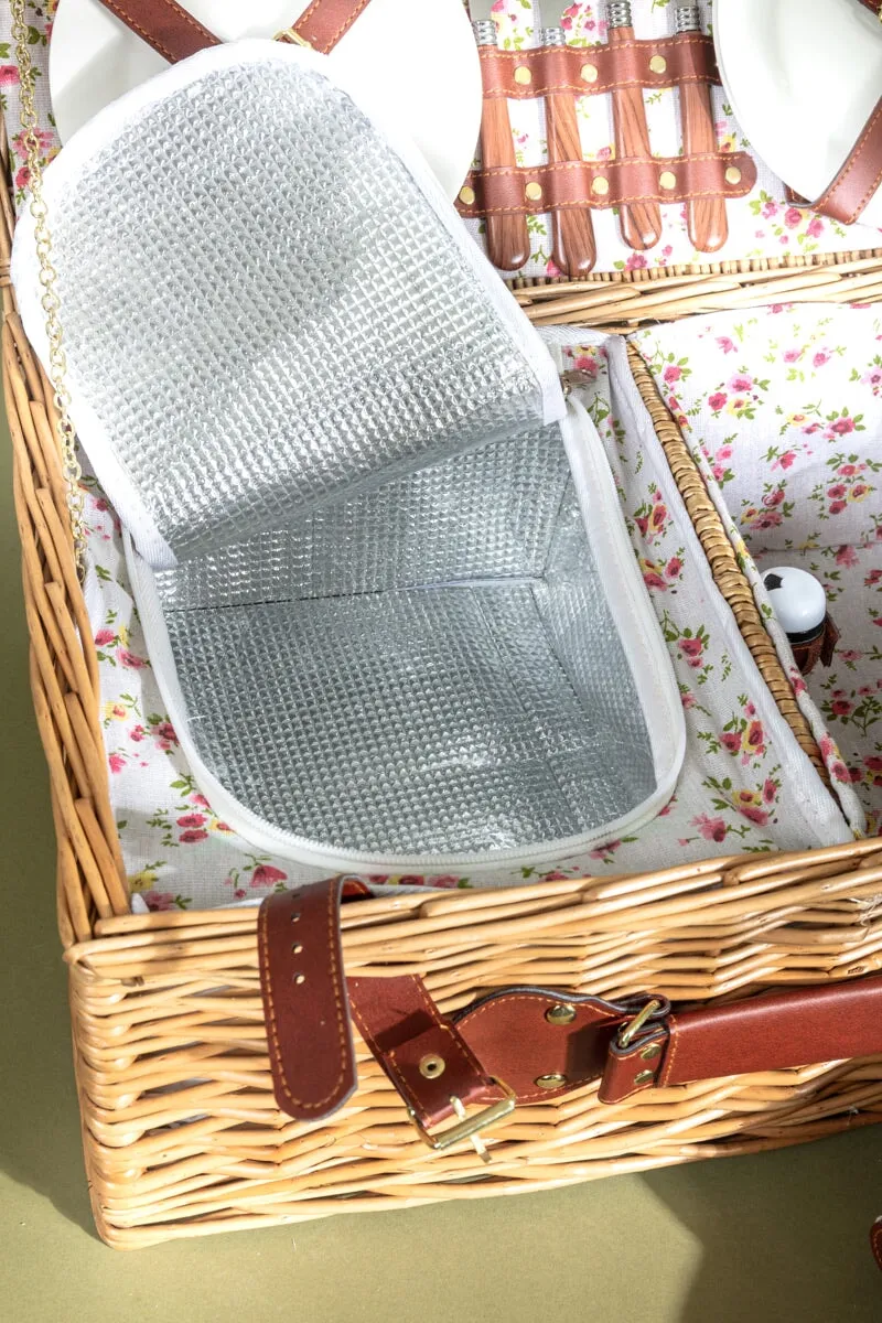 4 Person Natural Wicker Floral Picnic Basket