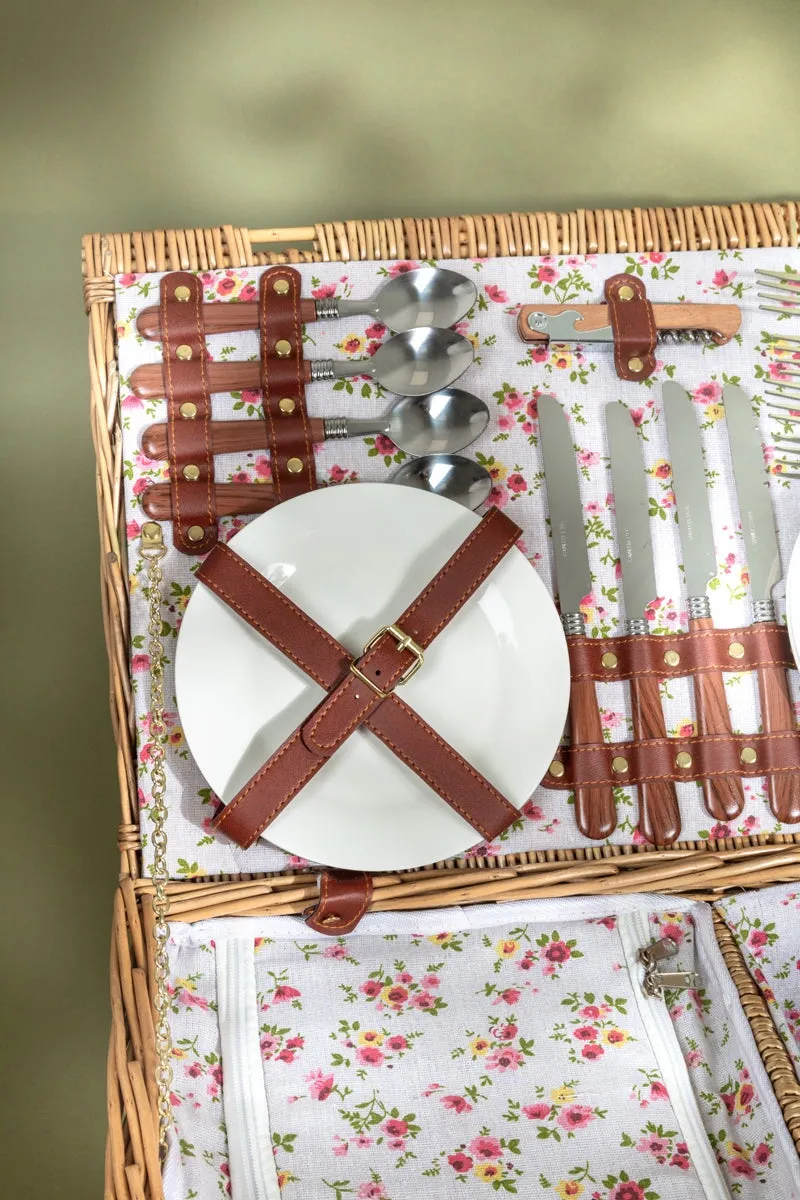 4 Person Natural Wicker Floral Picnic Basket