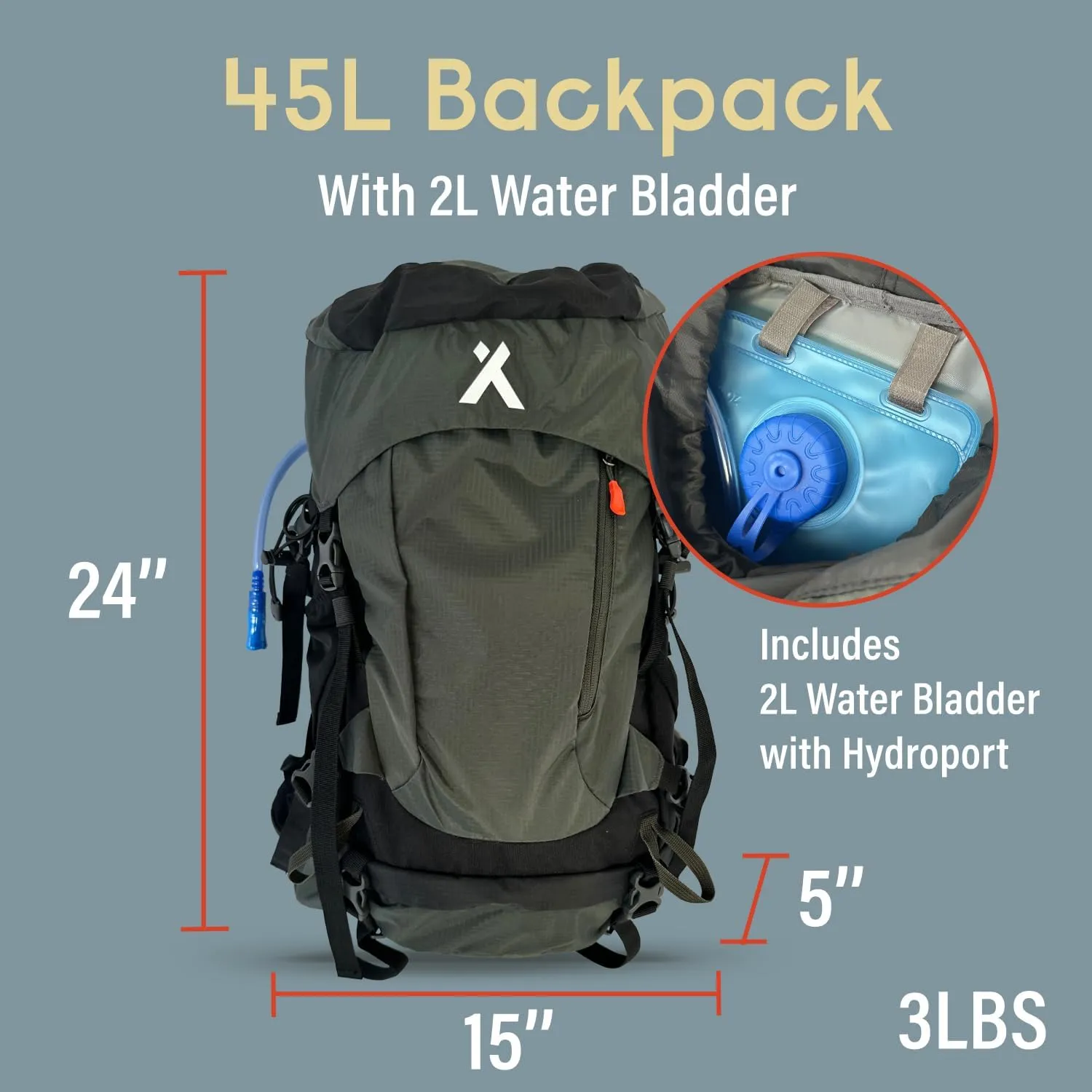 45L Hiking Hydration Backpack, Day Pack With 2L Water Bladder, Lightweight and Perfect for Camping, Running, Cycling, Mountain Biking, Skiing, Snowboarding For Men and Women - Black