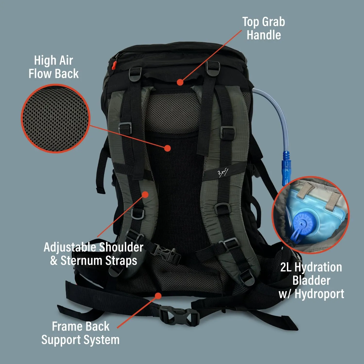 45L Hiking Hydration Backpack, Day Pack With 2L Water Bladder, Lightweight and Perfect for Camping, Running, Cycling, Mountain Biking, Skiing, Snowboarding For Men and Women - Black