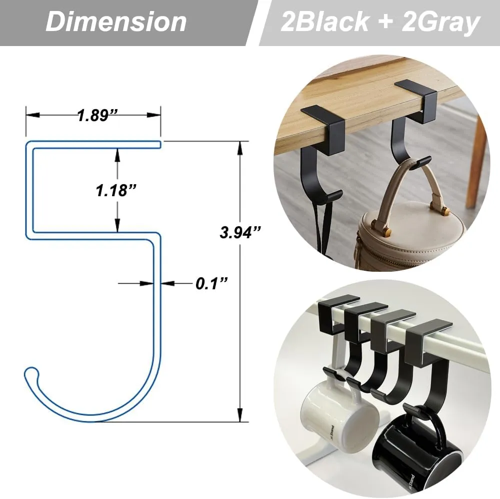 4Pcs Students' Desk Hook Nail Free Clamp-On Under Desk Schoolbag Hook Women's Bag Handbag Headphone Hanger Backpack Hook and Purse Holder - Suitable for under 3cm/1.18 inch Thick Plate（2Gray 2Black)