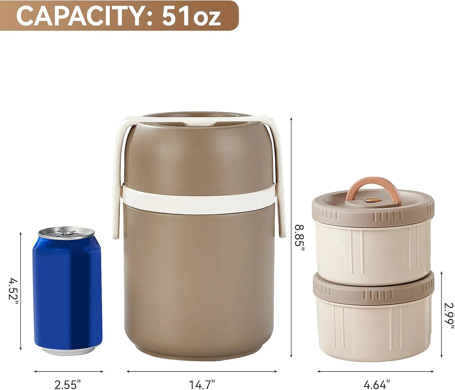 51 oz Adults Vacuum Insulated Wide Mouth Soup Food Thermos Hot Food Jar with Keep Thermal Portable 2 Tier Stackable Bento Hot Food Containers Lunch Boxes (Gray, 51)
