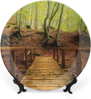 6 Inch Decorative Plate, Autumn Dinner Plate, Weathered Wooden Bridge over River Leads to Footpath Between Birch Trees Print Ceramic Wall Hanging Decor Accessory for Dining Table Tabletop Home Decor