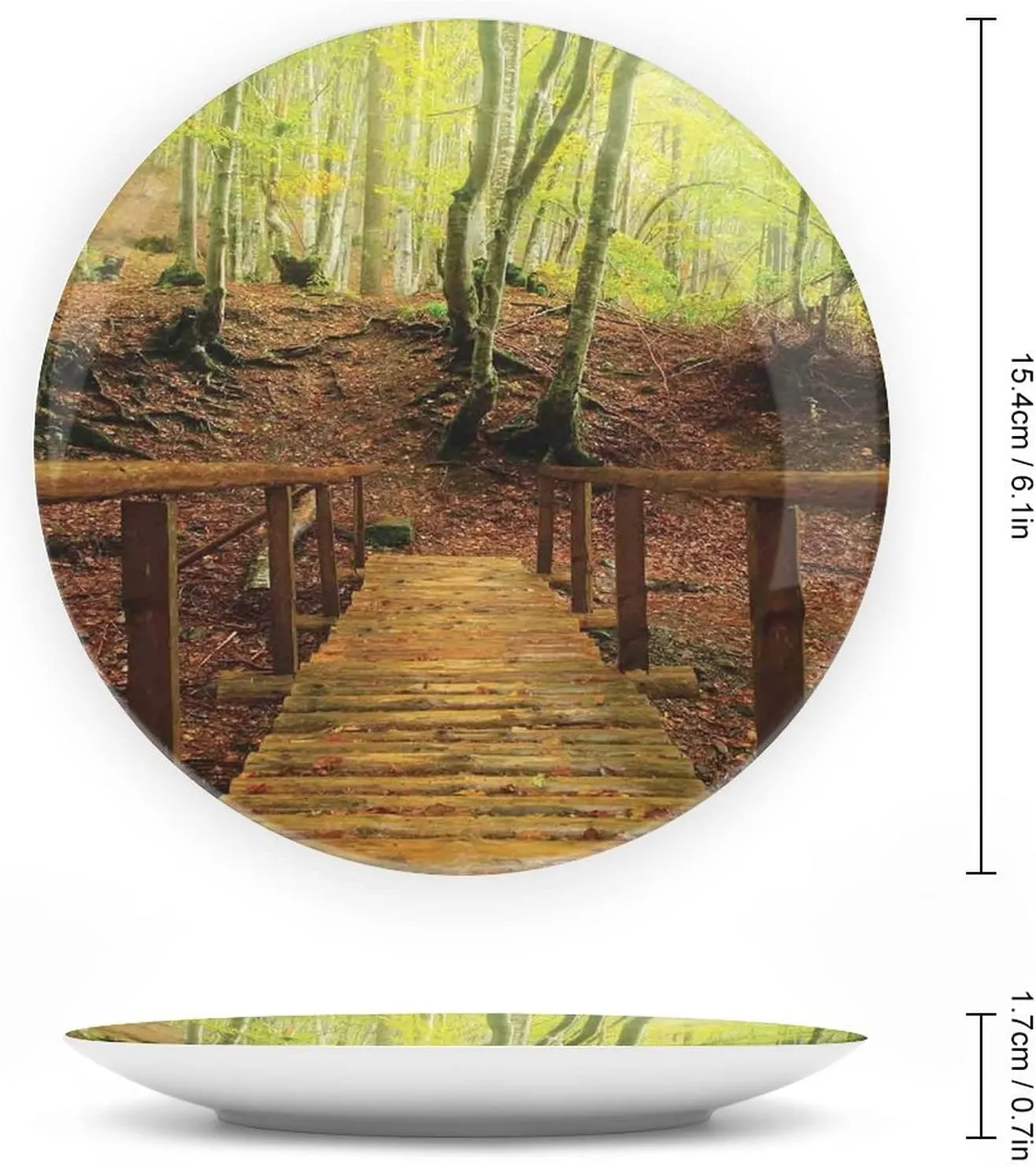 6 Inch Decorative Plate, Autumn Dinner Plate, Weathered Wooden Bridge over River Leads to Footpath Between Birch Trees Print Ceramic Wall Hanging Decor Accessory for Dining Table Tabletop Home Decor
