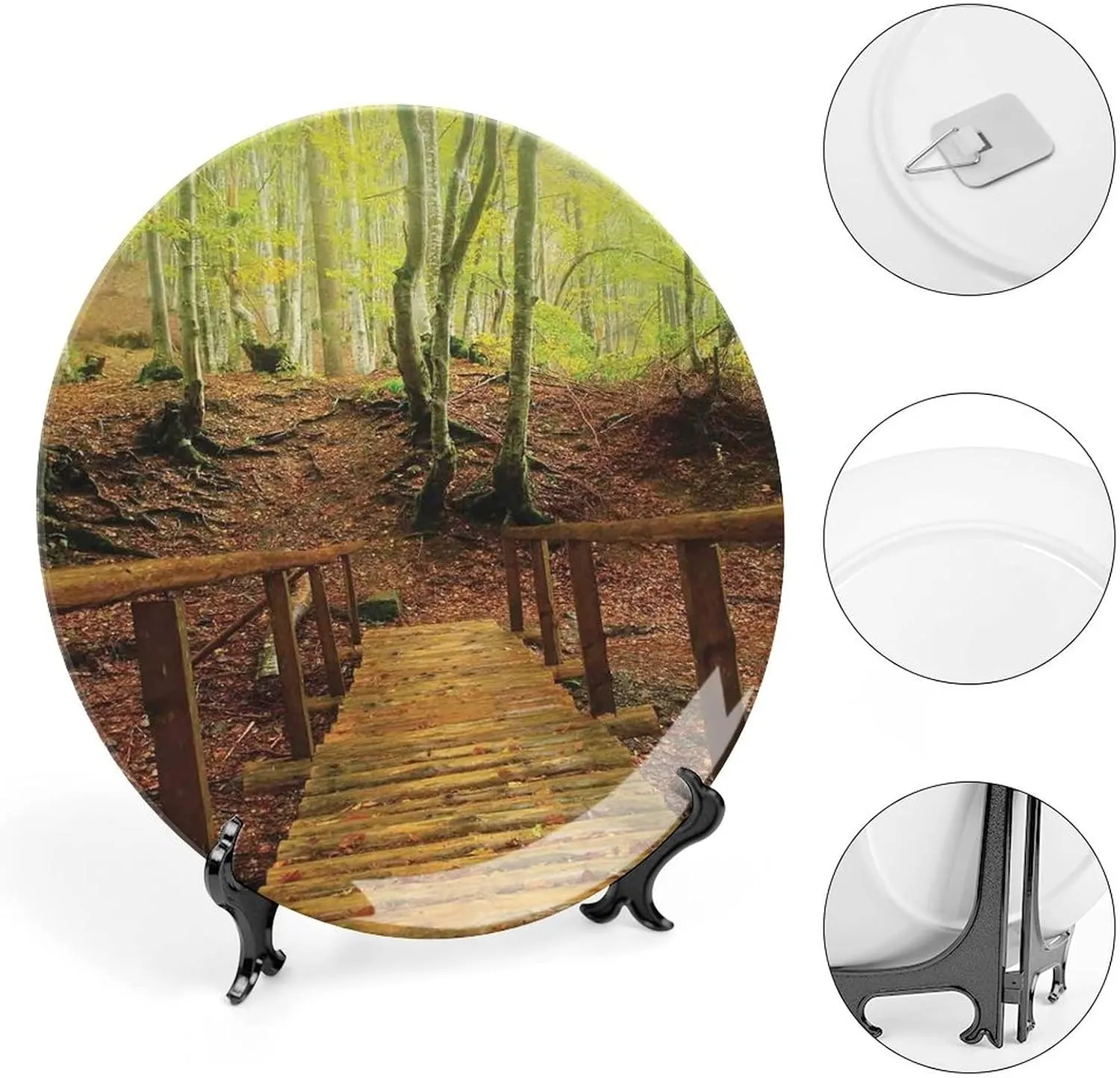 6 Inch Decorative Plate, Autumn Dinner Plate, Weathered Wooden Bridge over River Leads to Footpath Between Birch Trees Print Ceramic Wall Hanging Decor Accessory for Dining Table Tabletop Home Decor