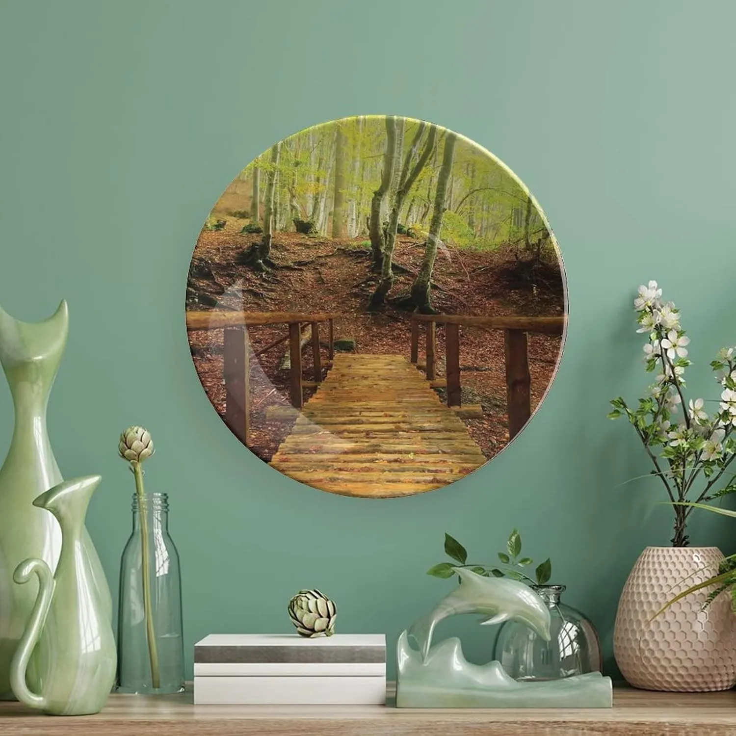 6 Inch Decorative Plate, Autumn Dinner Plate, Weathered Wooden Bridge over River Leads to Footpath Between Birch Trees Print Ceramic Wall Hanging Decor Accessory for Dining Table Tabletop Home Decor