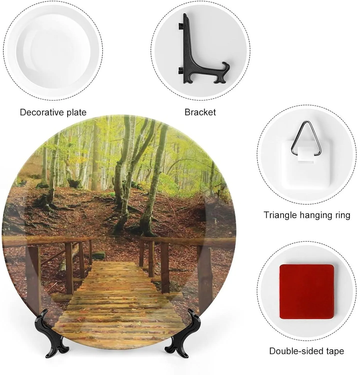 6 Inch Decorative Plate, Autumn Dinner Plate, Weathered Wooden Bridge over River Leads to Footpath Between Birch Trees Print Ceramic Wall Hanging Decor Accessory for Dining Table Tabletop Home Decor