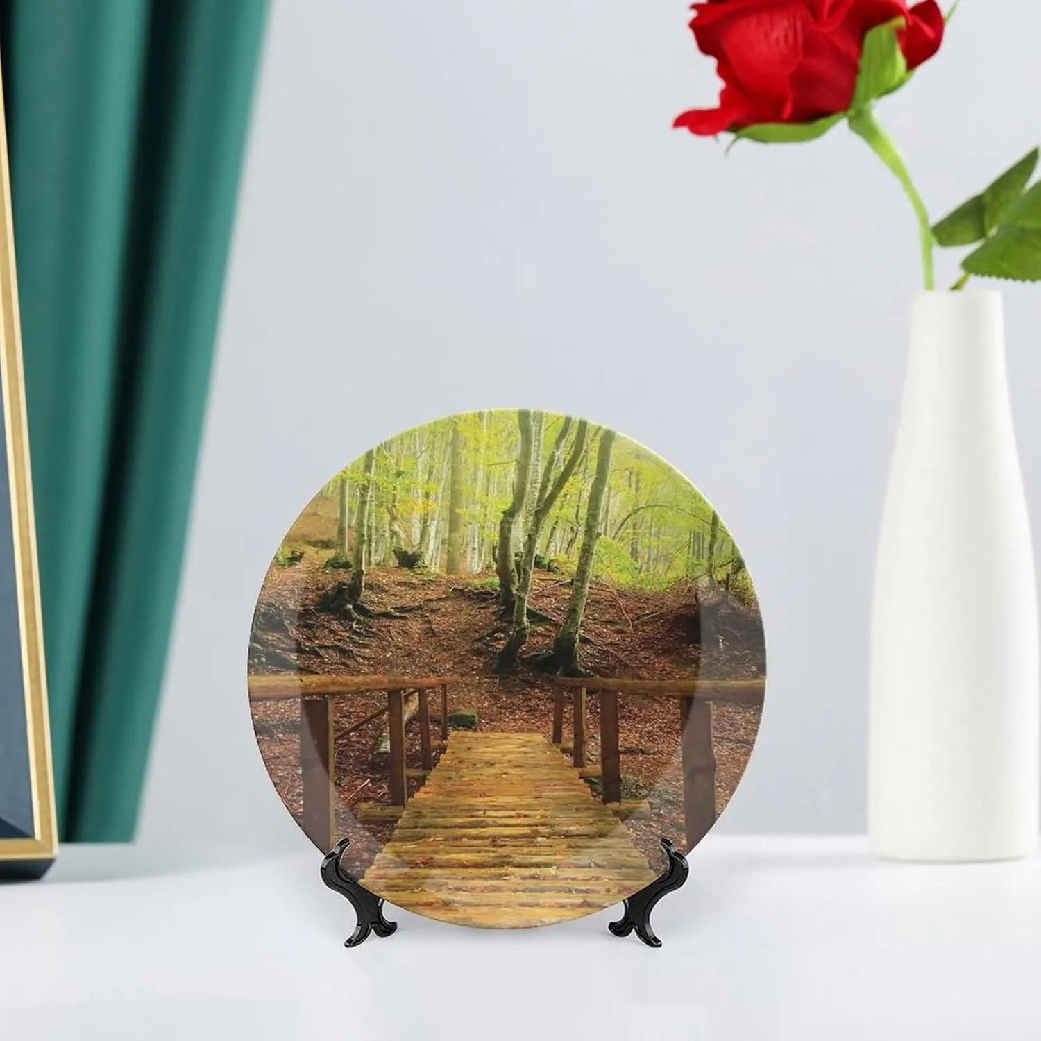 6 Inch Decorative Plate, Autumn Dinner Plate, Weathered Wooden Bridge over River Leads to Footpath Between Birch Trees Print Ceramic Wall Hanging Decor Accessory for Dining Table Tabletop Home Decor