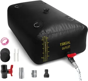 600L/158 Gal Water Bladder with Water Level Indicator, PVC Foldable and Portable Water Tank with 3 Connectors and Overflow Kit, Ideal for RV, Camping, Rainwater Collecting,Planting Watering