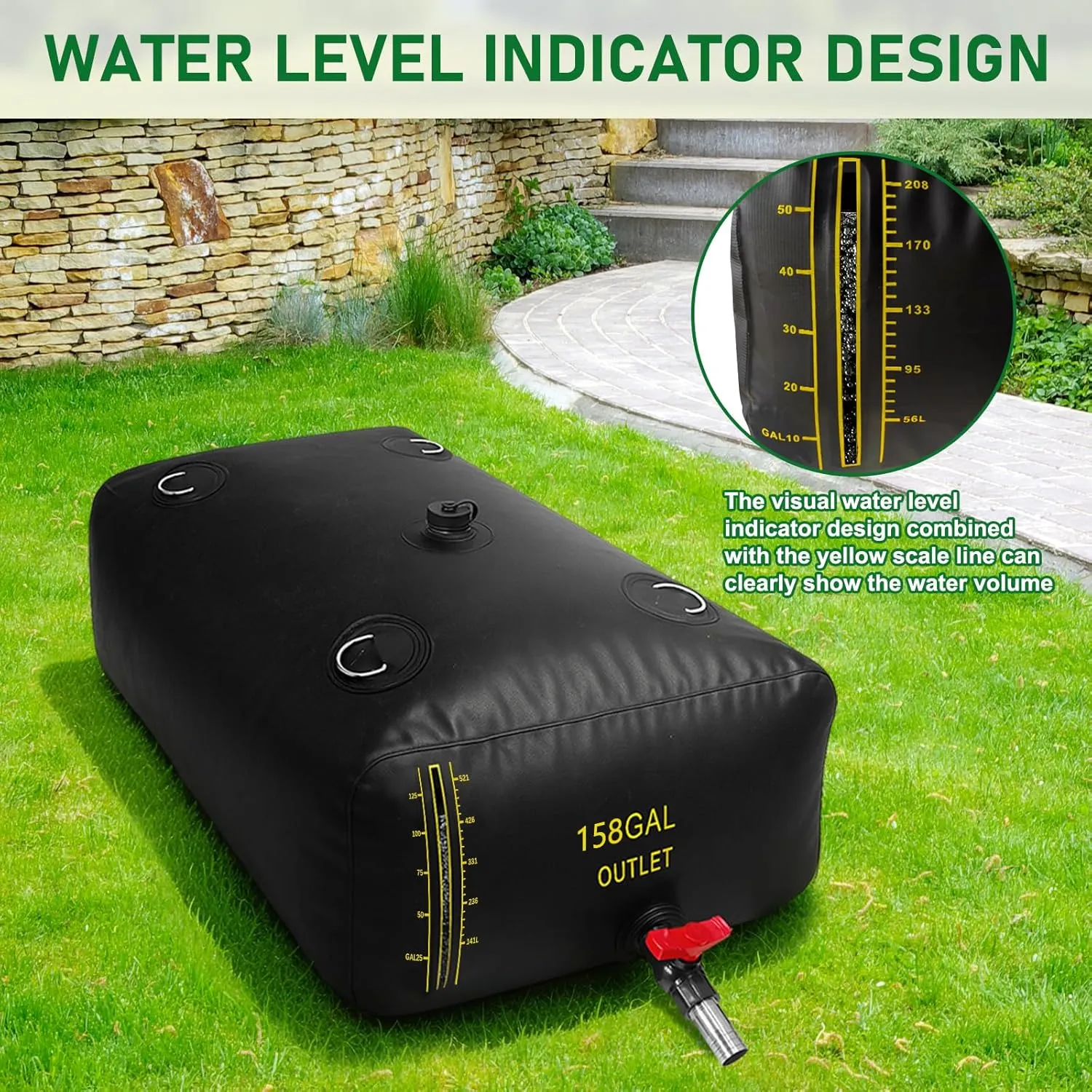 600L/158 Gal Water Bladder with Water Level Indicator, PVC Foldable and Portable Water Tank with 3 Connectors and Overflow Kit, Ideal for RV, Camping, Rainwater Collecting,Planting Watering