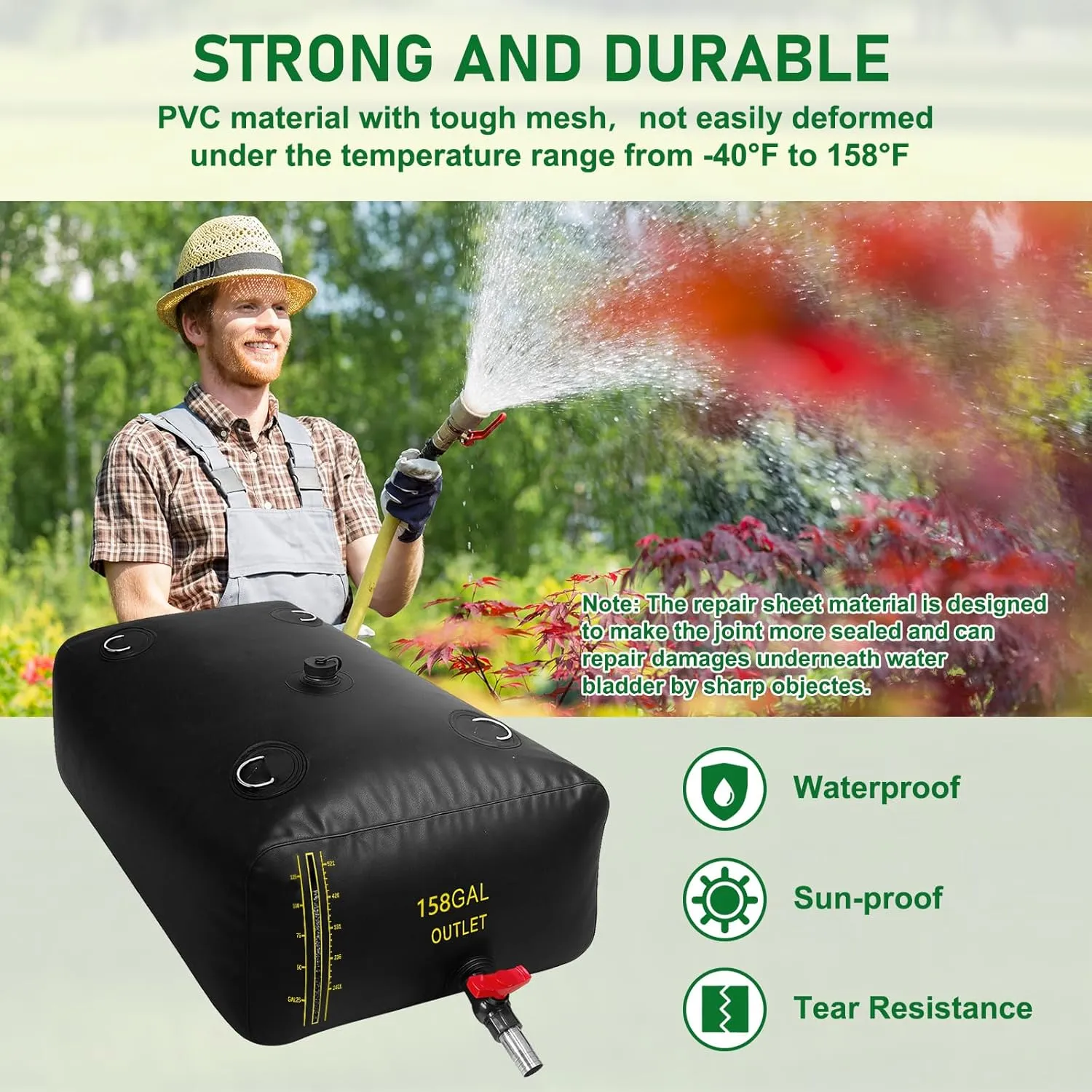 600L/158 Gal Water Bladder with Water Level Indicator, PVC Foldable and Portable Water Tank with 3 Connectors and Overflow Kit, Ideal for RV, Camping, Rainwater Collecting,Planting Watering