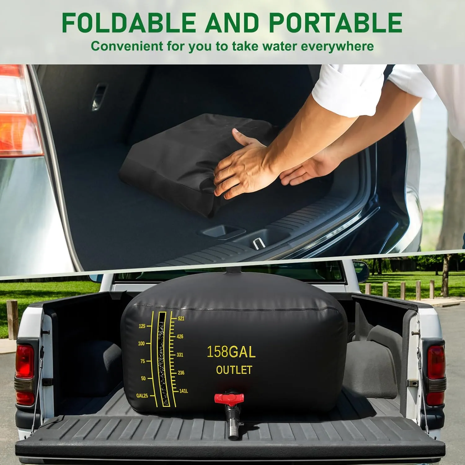 600L/158 Gal Water Bladder with Water Level Indicator, PVC Foldable and Portable Water Tank with 3 Connectors and Overflow Kit, Ideal for RV, Camping, Rainwater Collecting,Planting Watering