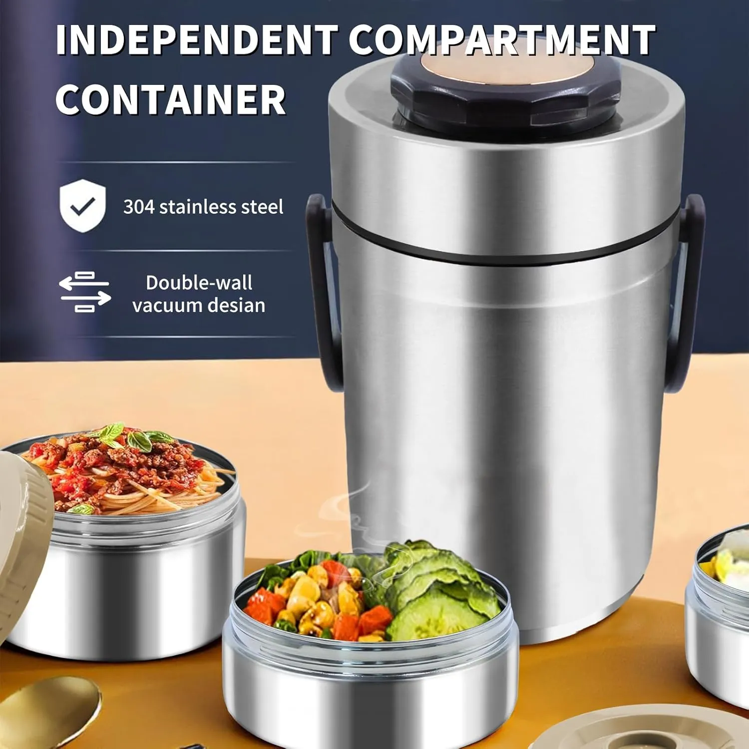 67oz Thermos for Hot Food,3-Layer Sealed Stackable Food Thermos,with Lunch Bag Soup Thermos Wide Mouth,It Is Suitable for Daily Office Meals, and Outdoor Meals (Silver)