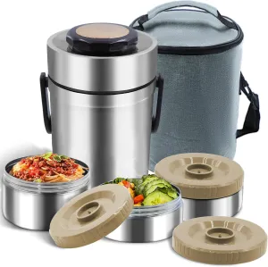 67oz Thermos for Hot Food,3-Layer Sealed Stackable Food Thermos,with Lunch Bag Soup Thermos Wide Mouth,It Is Suitable for Daily Office Meals, and Outdoor Meals (Silver)