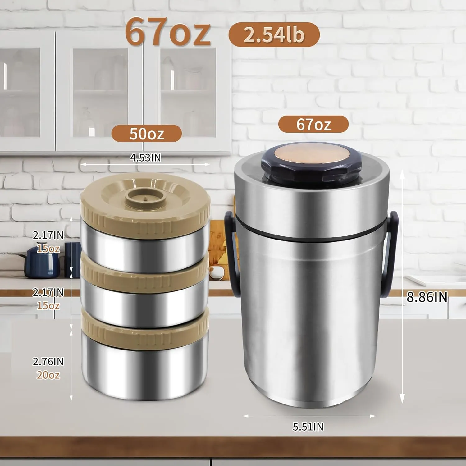 67oz Thermos for Hot Food,3-Layer Sealed Stackable Food Thermos,with Lunch Bag Soup Thermos Wide Mouth,It Is Suitable for Daily Office Meals, and Outdoor Meals (Silver)