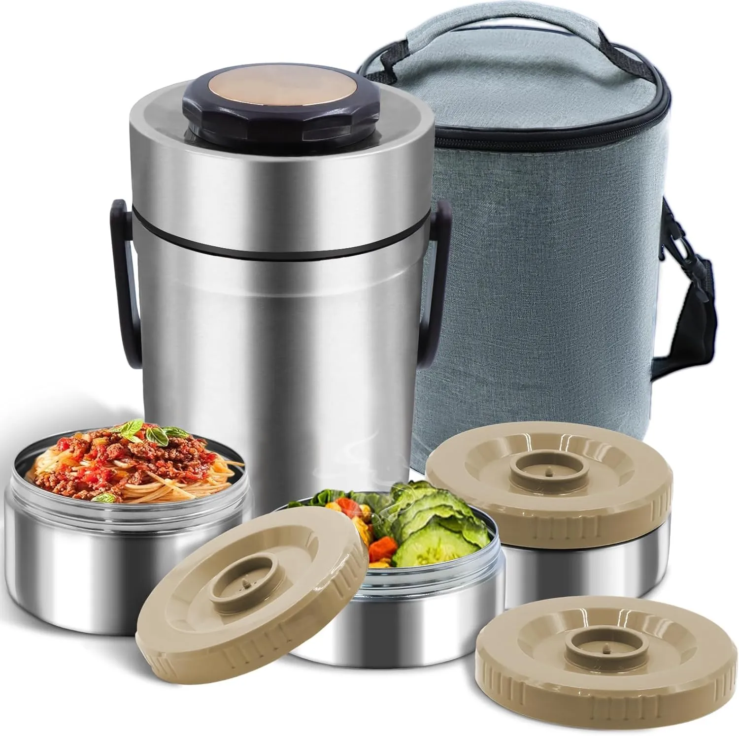 67oz Thermos for Hot Food,3-Layer Sealed Stackable Food Thermos,with Lunch Bag Soup Thermos Wide Mouth,It Is Suitable for Daily Office Meals, and Outdoor Meals (Silver)