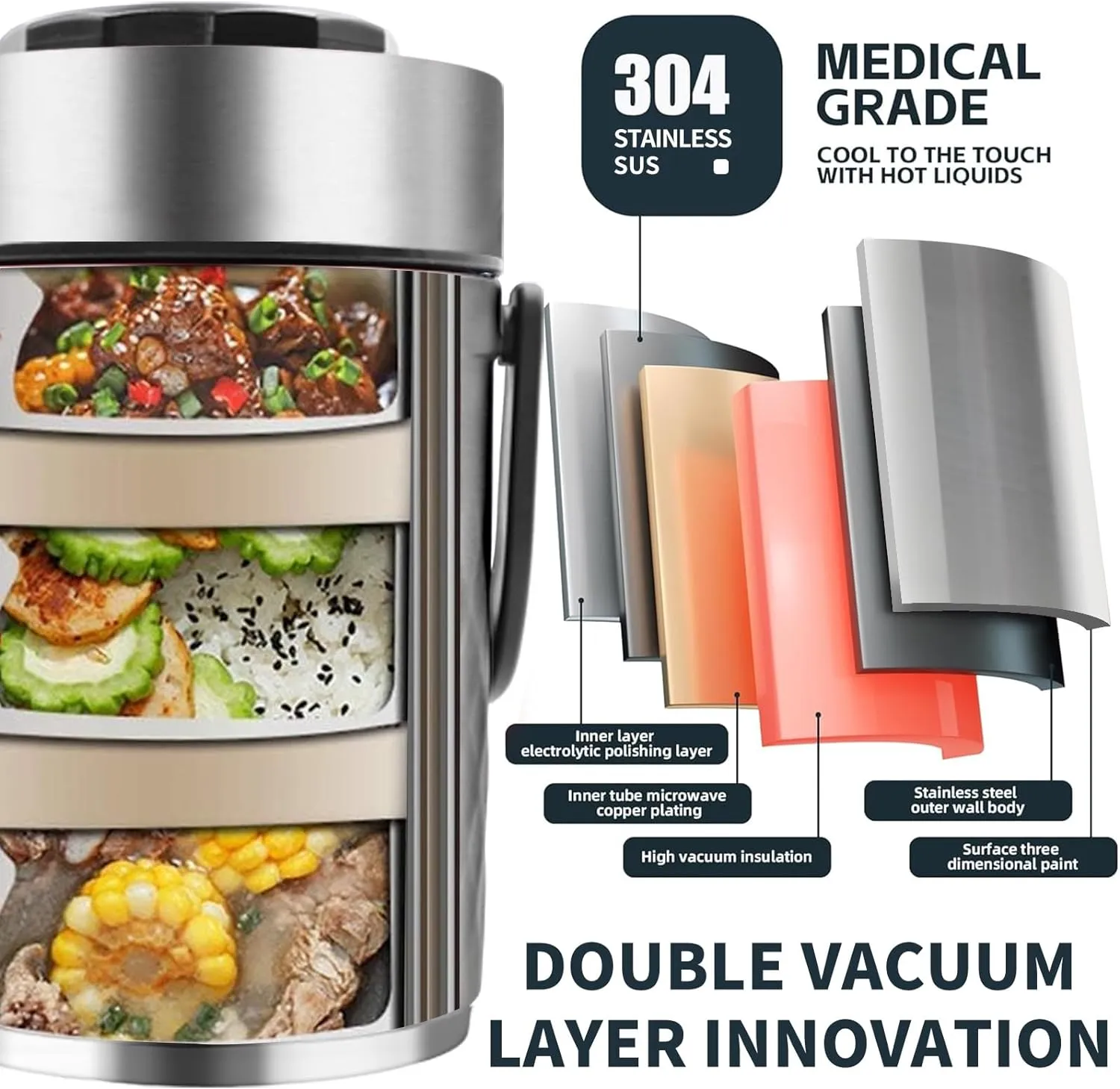 67oz Thermos for Hot Food,3-Layer Sealed Stackable Food Thermos,with Lunch Bag Soup Thermos Wide Mouth,It Is Suitable for Daily Office Meals, and Outdoor Meals (Silver)