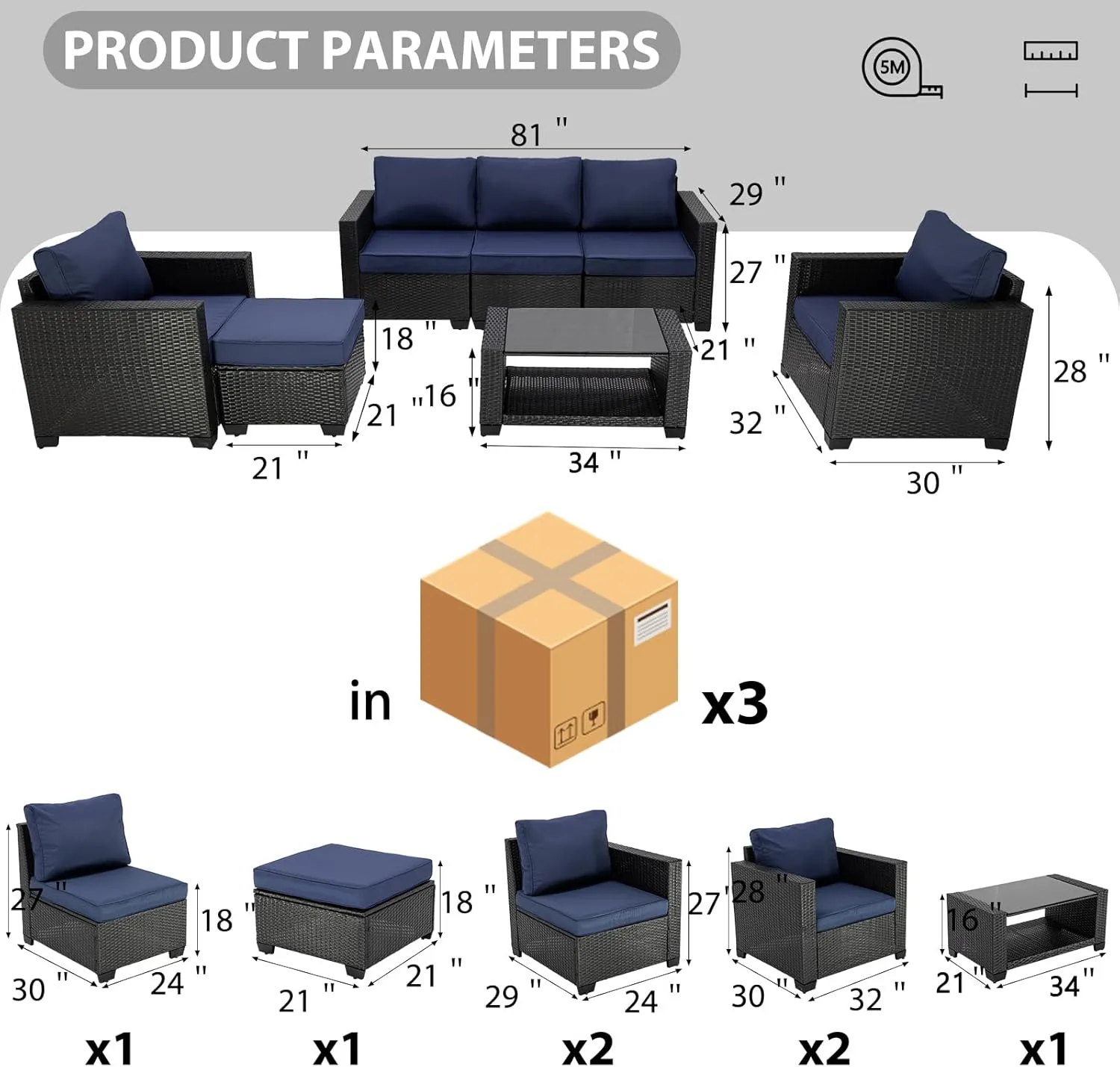 7 Piece Patio Furniture Set Wicker Outdoor Conversation Set All Weather Sectional Patio Sofa Outdoor Rattan PE Wicker Patio Seating Sofas with Glass Coffee Table and Cushion (Coffee-Dark blue, X7)