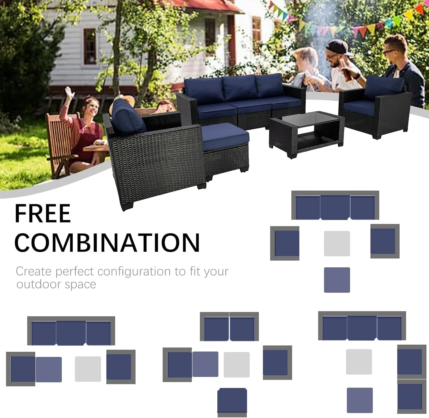 7 Piece Patio Furniture Set Wicker Outdoor Conversation Set All Weather Sectional Patio Sofa Outdoor Rattan PE Wicker Patio Seating Sofas with Glass Coffee Table and Cushion (Coffee-Dark blue, X7)