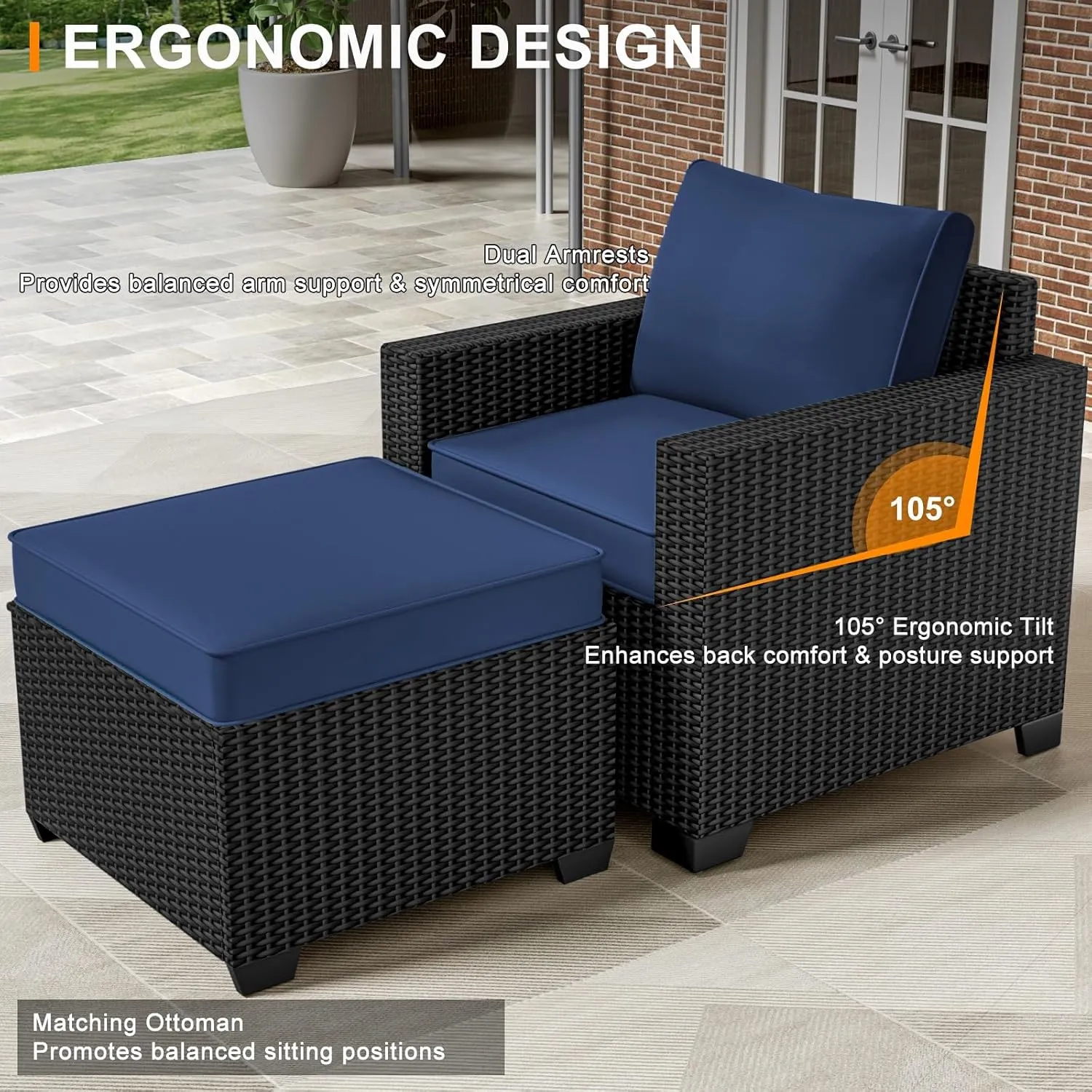 7 Piece Patio Furniture Set Wicker Outdoor Conversation Set All Weather Sectional Patio Sofa Outdoor Rattan PE Wicker Patio Seating Sofas with Glass Coffee Table and Cushion (Coffee-Dark blue, X7)