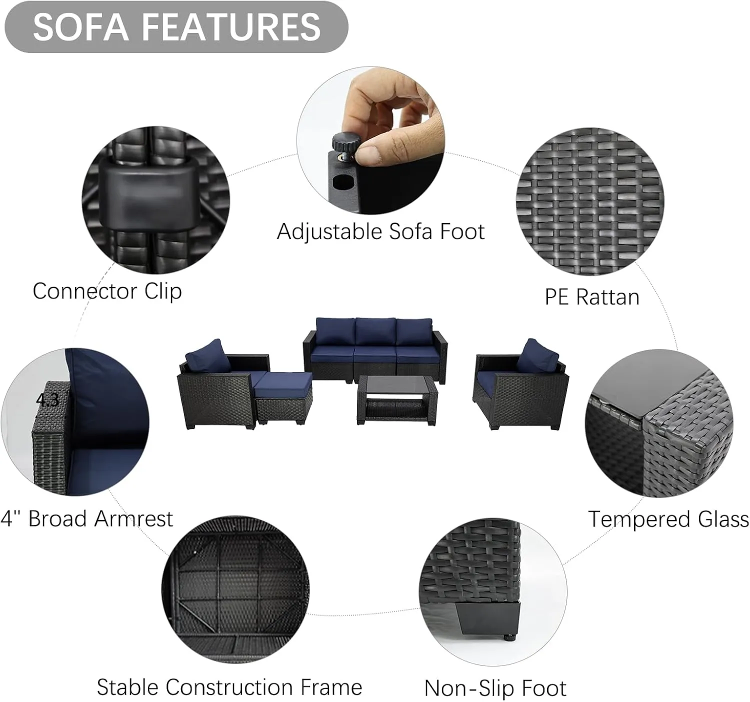 7 Piece Patio Furniture Set Wicker Outdoor Conversation Set All Weather Sectional Patio Sofa Outdoor Rattan PE Wicker Patio Seating Sofas with Glass Coffee Table and Cushion (Coffee-Dark blue, X7)