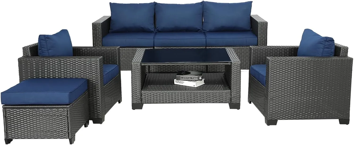 7 Piece Patio Furniture Set Wicker Outdoor Conversation Set All Weather Sectional Patio Sofa Outdoor Rattan PE Wicker Patio Seating Sofas with Glass Coffee Table and Cushion (Coffee-Dark blue, X7)