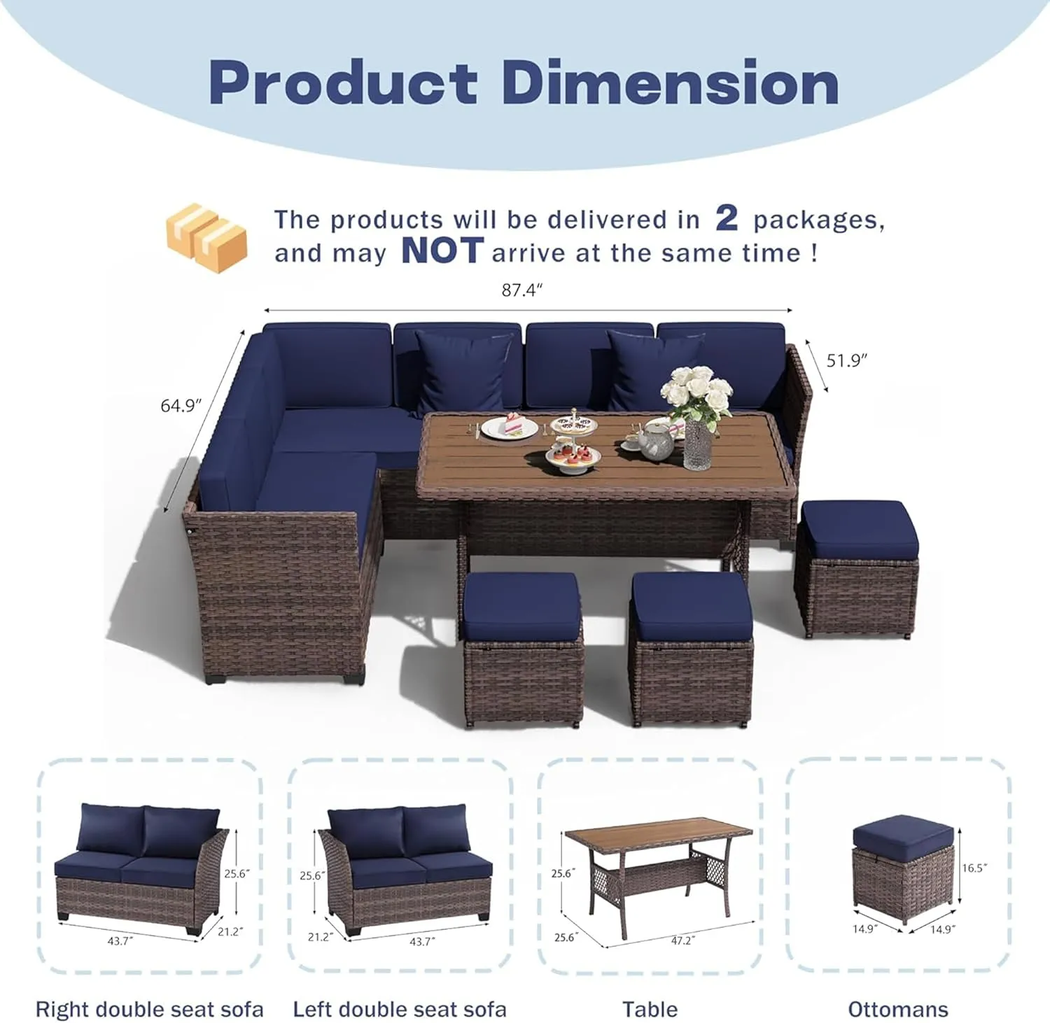 7 Pieces Patio Dining Sets, Patio Furniture Set, All Weather Wicker Conversation Set with Ottoman, Sectional Sofa with Dining Table and Chair (6237 Navy-Brown)