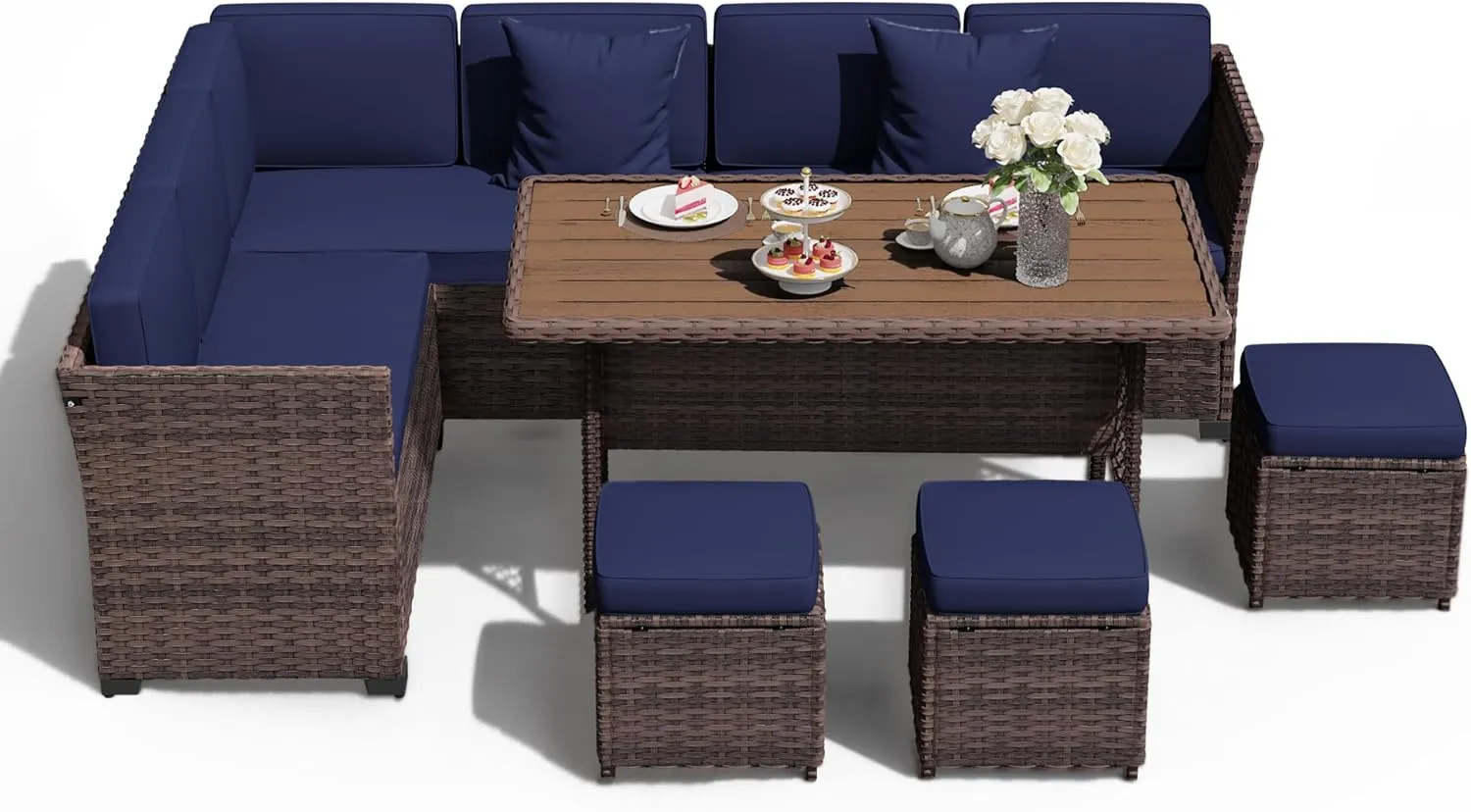 7 Pieces Patio Dining Sets, Patio Furniture Set, All Weather Wicker Conversation Set with Ottoman, Sectional Sofa with Dining Table and Chair (6237 Navy-Brown)