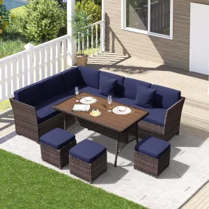 7 Pieces Patio Dining Sets, Patio Furniture Set, All Weather Wicker Conversation Set with Ottoman, Sectional Sofa with Dining Table and Chair (6237 Navy-Brown)