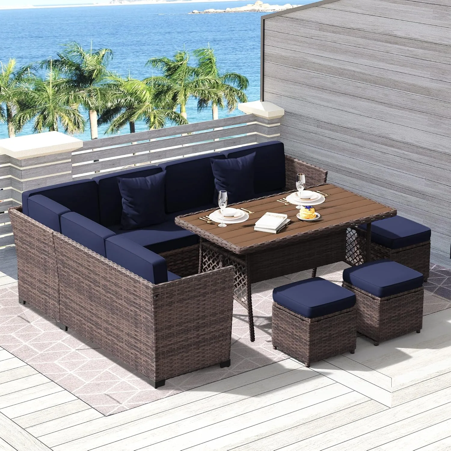 7 Pieces Patio Dining Sets, Patio Furniture Set, All Weather Wicker Conversation Set with Ottoman, Sectional Sofa with Dining Table and Chair (6237 Navy-Brown)