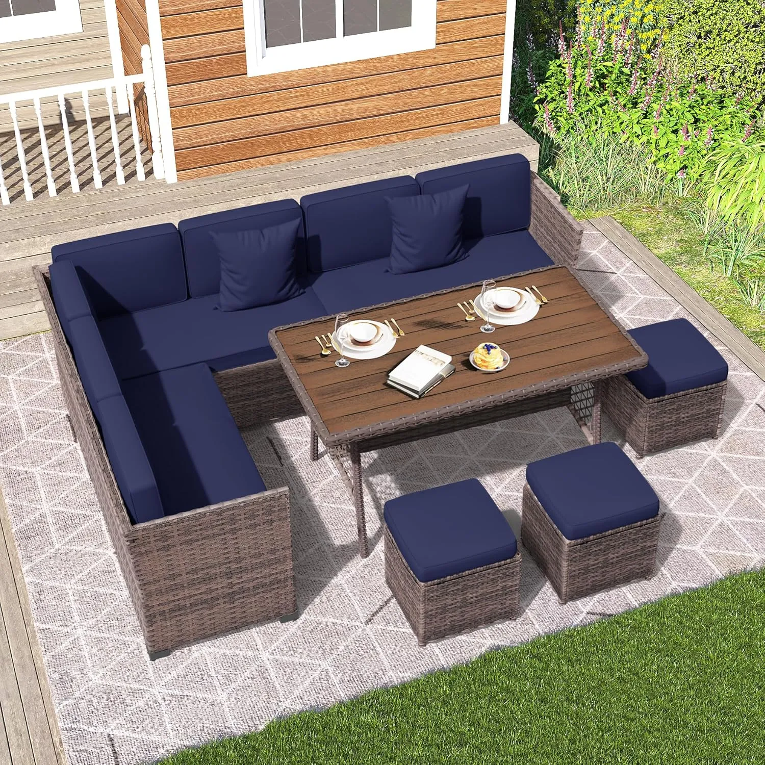 7 Pieces Patio Dining Sets, Patio Furniture Set, All Weather Wicker Conversation Set with Ottoman, Sectional Sofa with Dining Table and Chair (6237 Navy-Brown)