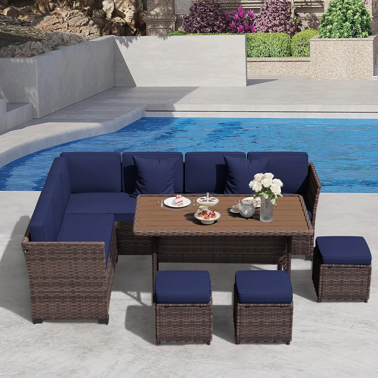 7 Pieces Patio Dining Sets, Patio Furniture Set, All Weather Wicker Conversation Set with Ottoman, Sectional Sofa with Dining Table and Chair (6237 Navy-Brown)