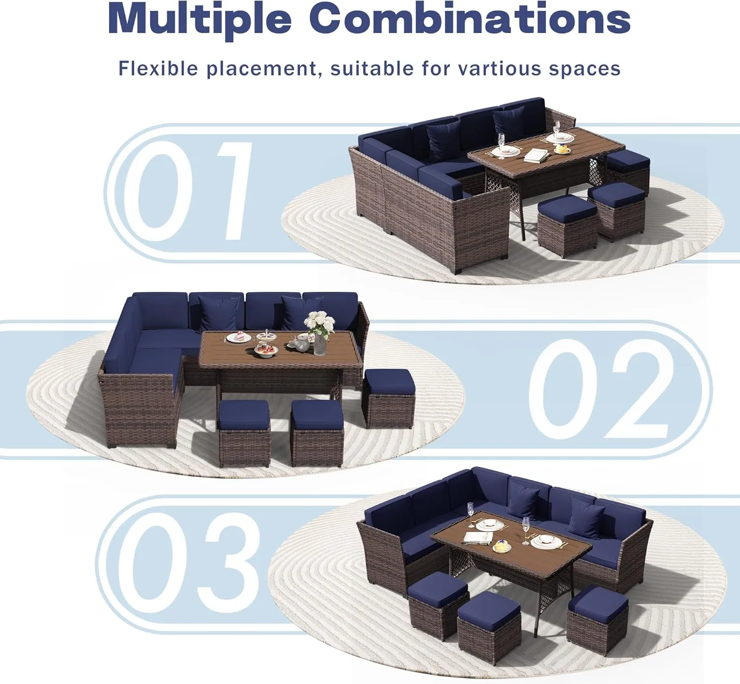 7 Pieces Patio Dining Sets, Patio Furniture Set, All Weather Wicker Conversation Set with Ottoman, Sectional Sofa with Dining Table and Chair (6237 Navy-Brown)