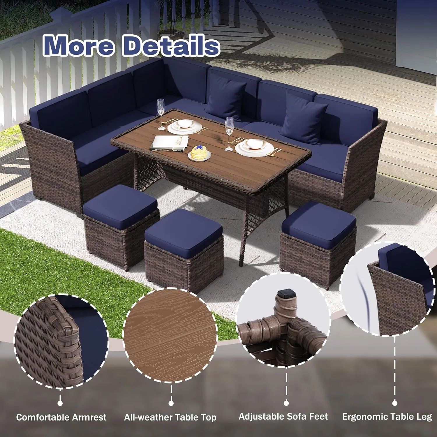 7 Pieces Patio Dining Sets, Patio Furniture Set, All Weather Wicker Conversation Set with Ottoman, Sectional Sofa with Dining Table and Chair (6237 Navy-Brown)