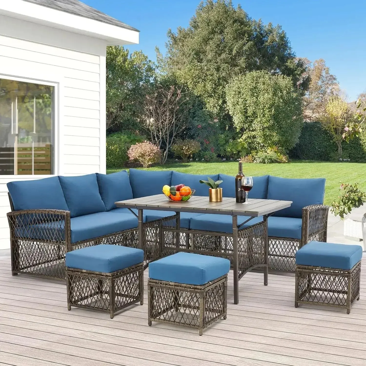 7 Pieces Wicker Outdoor Sectional Sofa with High Table and Chairs