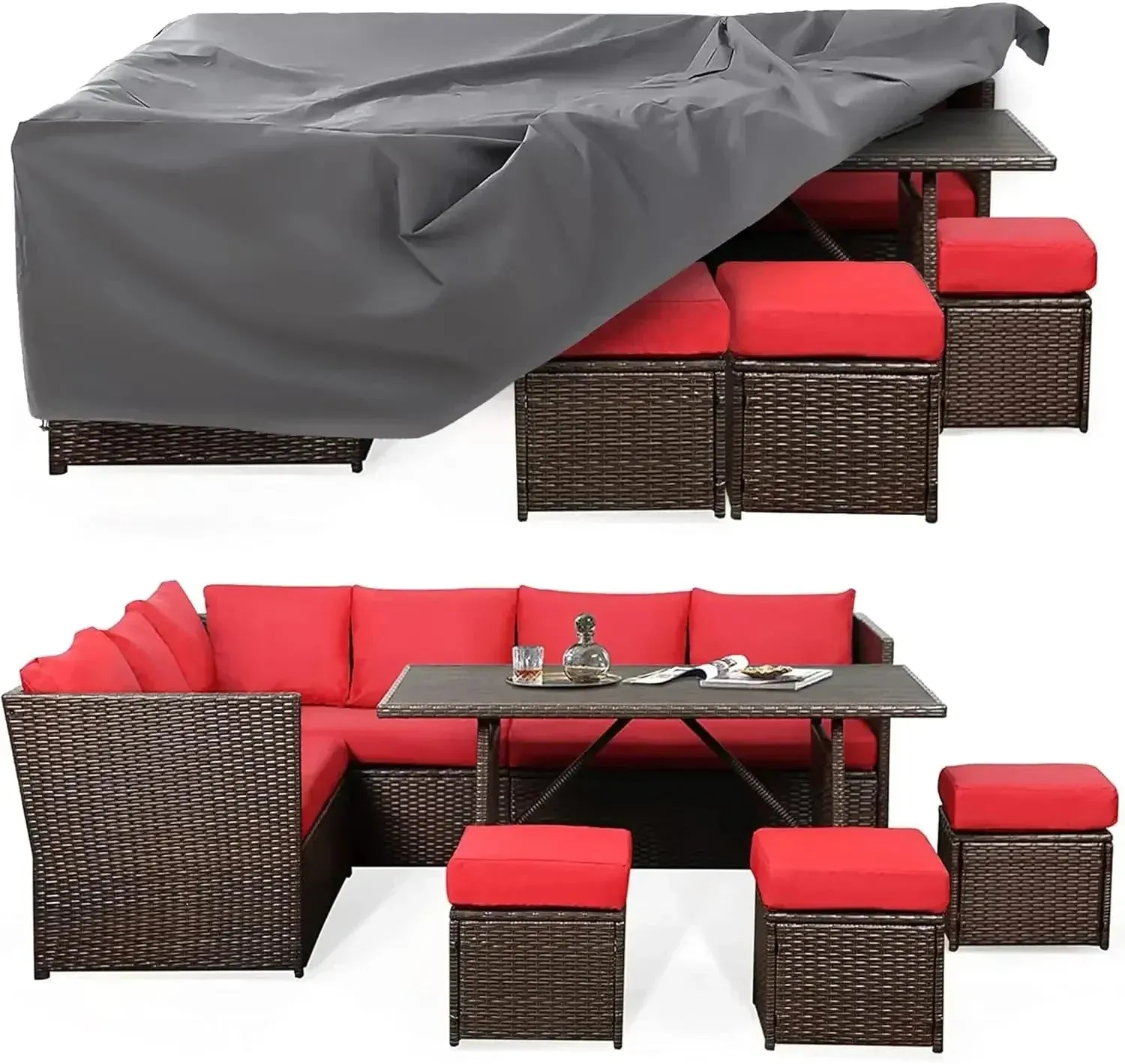 7 Pieces Wicker Outdoor Sectional Sofa with High Table and Chairs